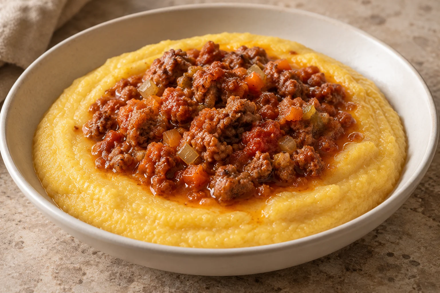 Soft golden polenta in a shallow bowl with moist crumbled sausage and tomato ragù