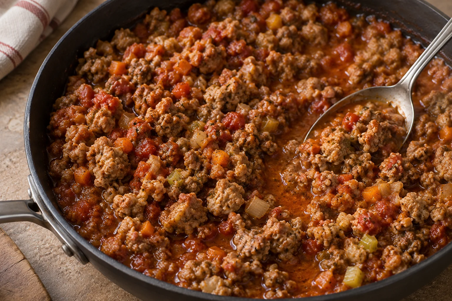 Cooked sausage crumbles and small aromatic vegetables in a moist tomato sauce