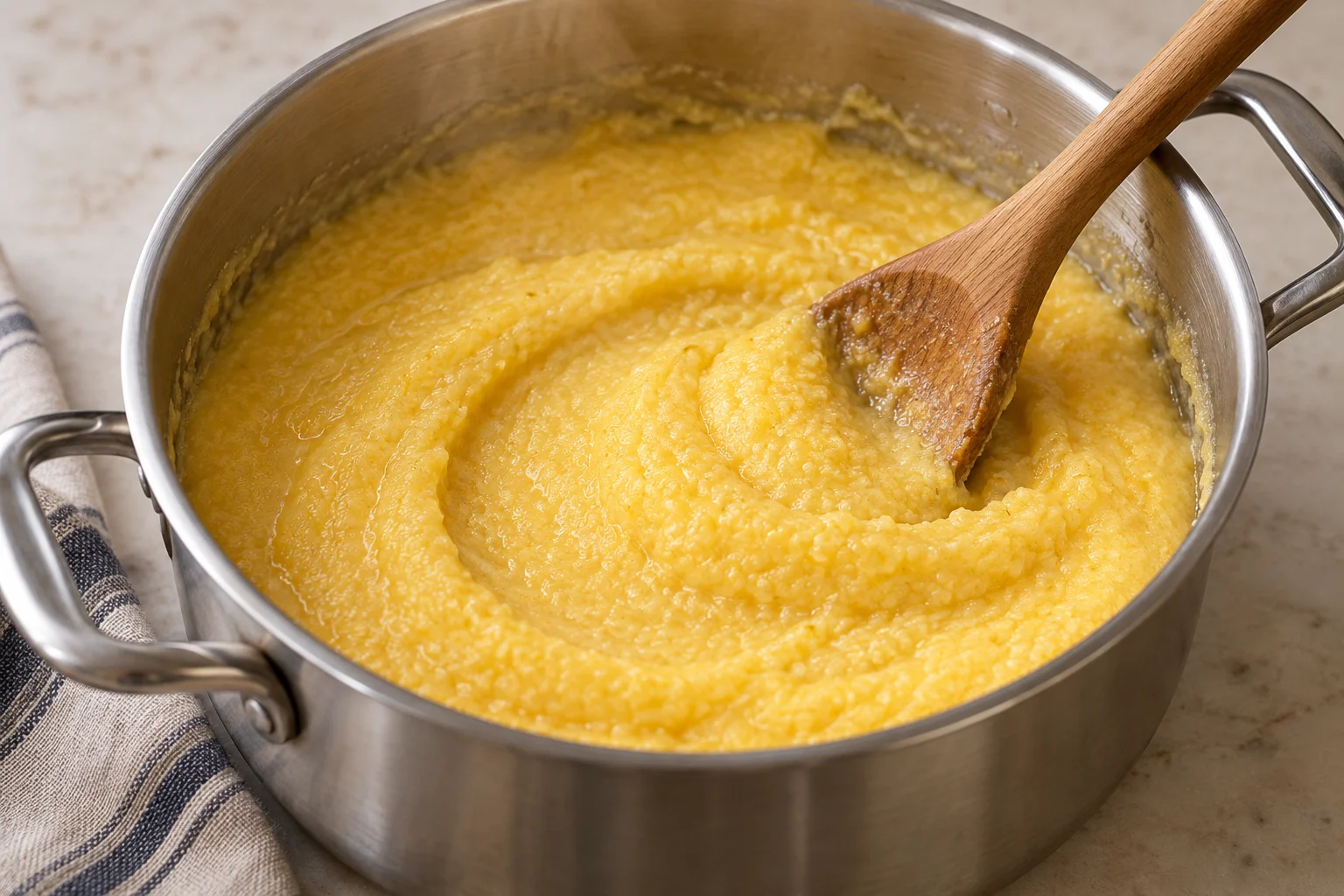 Golden cornmeal polenta in a steel saucepan with a curved wooden-spoon trail