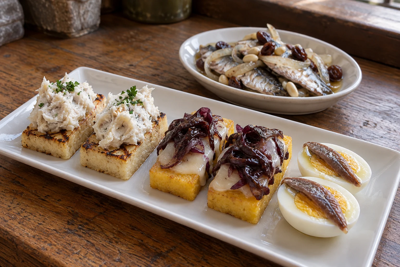 Cicchetti of whipped stockfish on polenta, radicchio and cheese on polenta, and anchovy-topped hard-boiled eggs, with sardines alongside