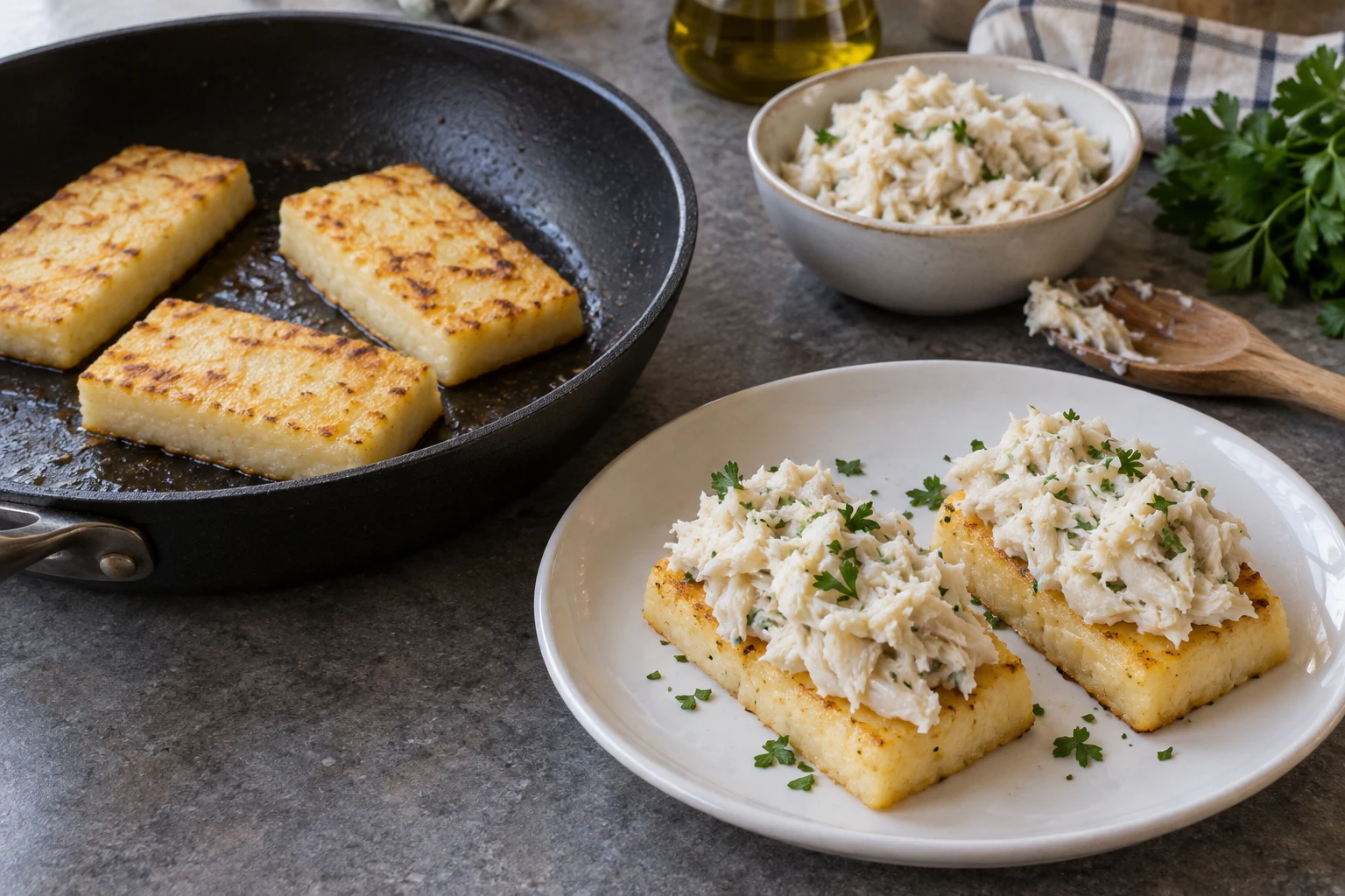 Firm polenta rectangles browning in a pan beside pieces topped with whipped cooked fish