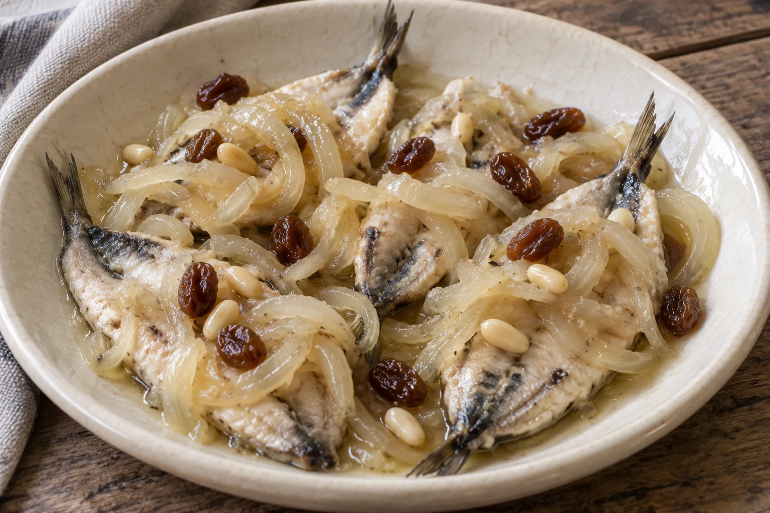 Cooked butterflied sardines beneath translucent onions with raisins and pine nuts