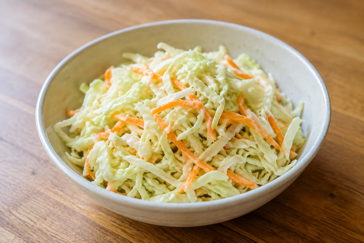 Fine pale-green cabbage and orange carrot shreds lightly coated in creamy dressing in a ceramic bowl