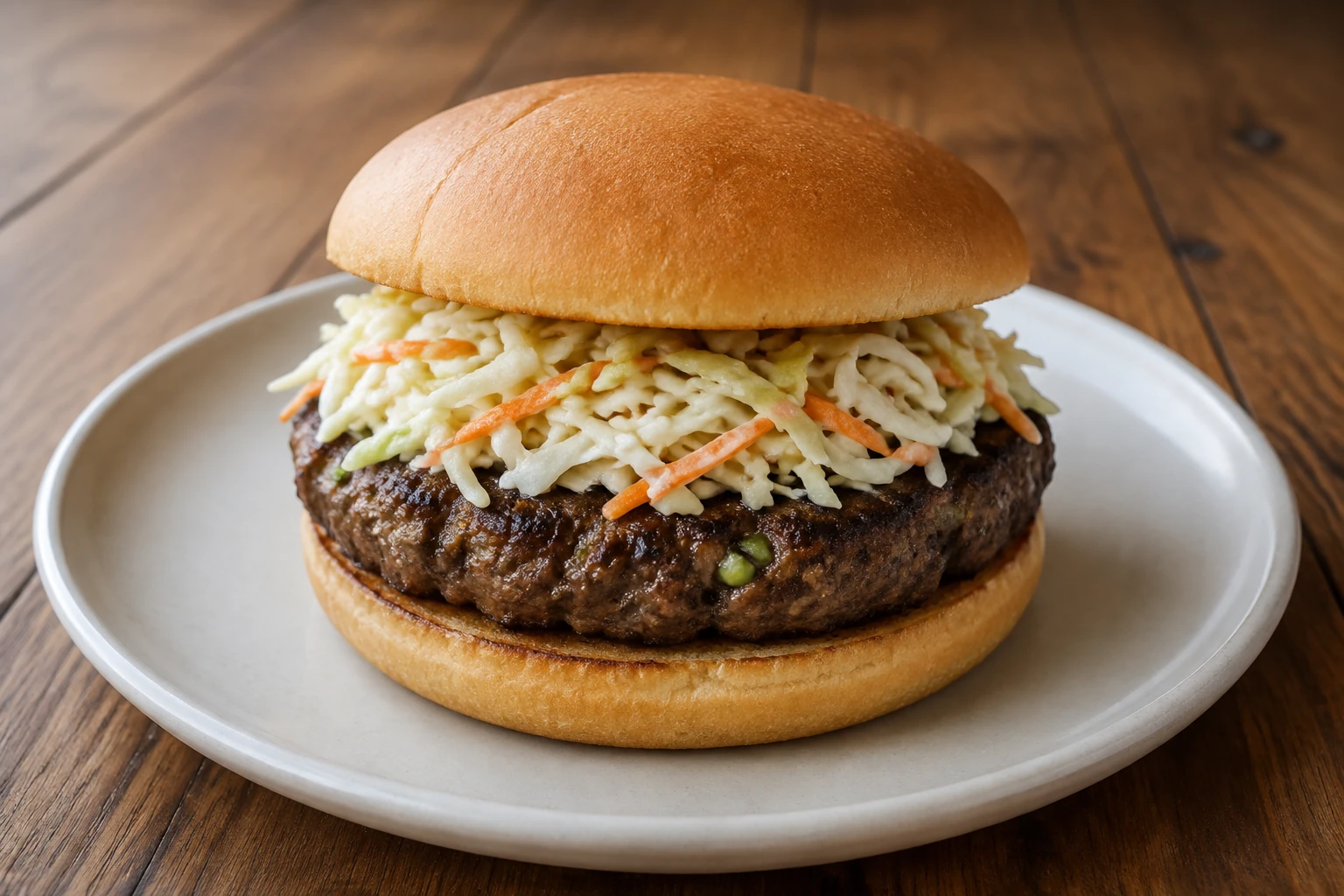 A single beef burger in a plain bun topped with pale cabbage and carrot slaw