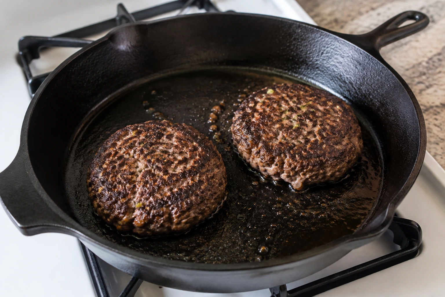 Two coarse beef burger patties with browned surfaces cooking in a cast-iron skillet