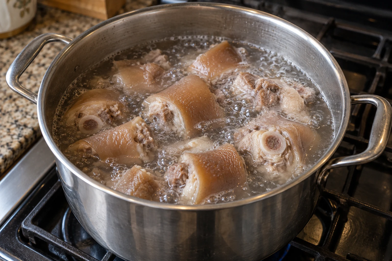 Cut pigtail segments boiling in a separate pot of water before the stew is assembled