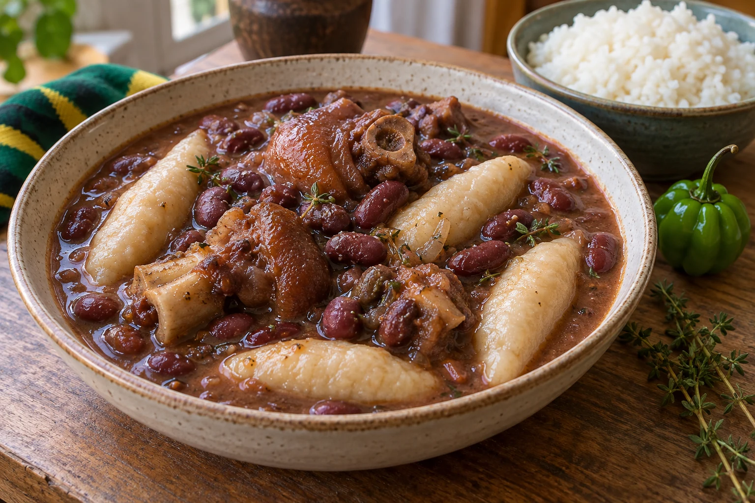 Red kidney bean stew with cooked pigtail pieces and tapered flour dumplings, with white rice beside it