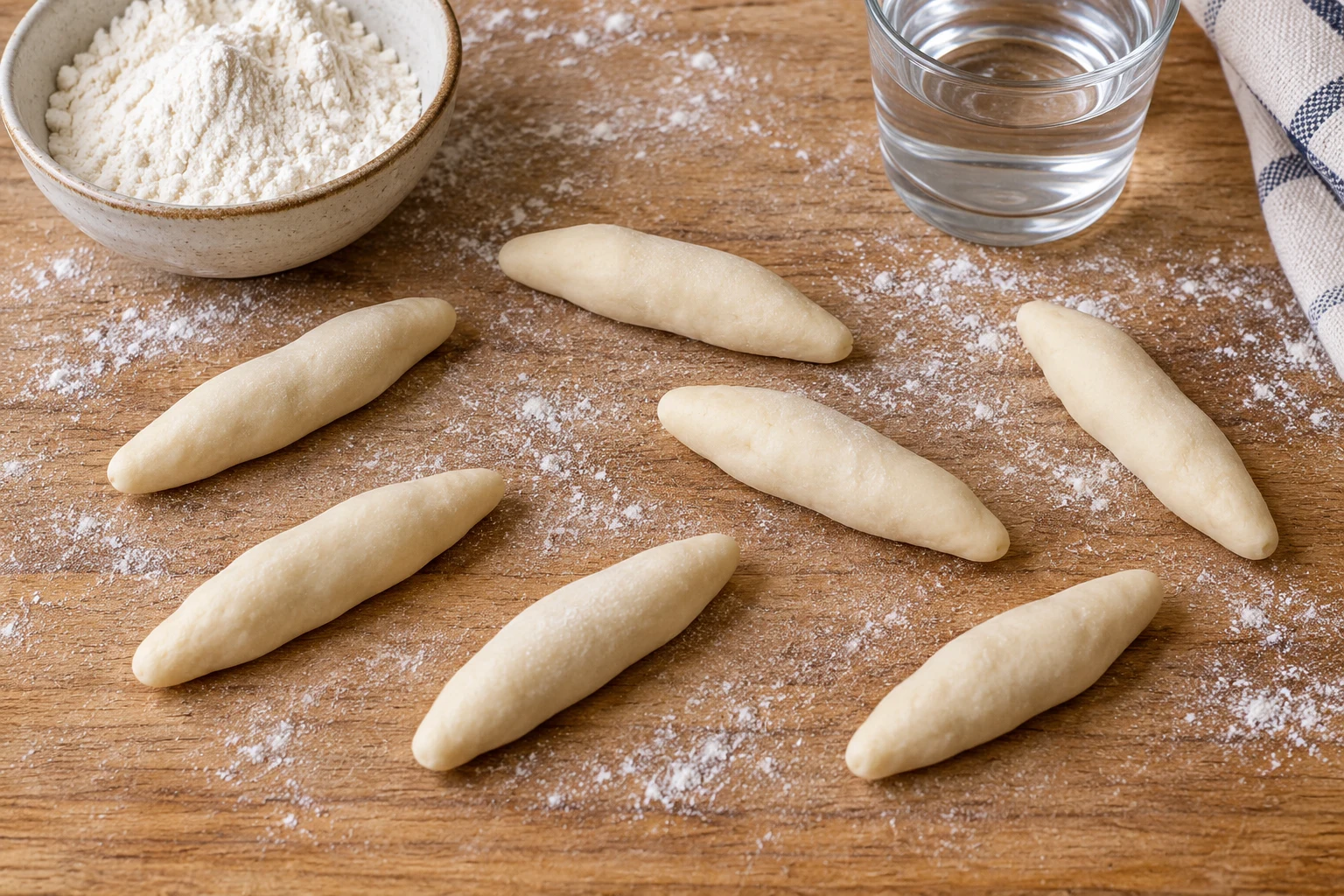 Uncooked tapered flour-and-water dumplings on a lightly floured wooden board