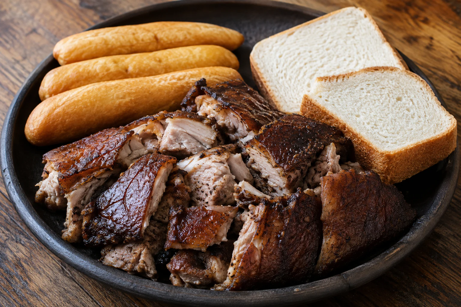 Carved jerk pork with festival and sliced hard-dough bread