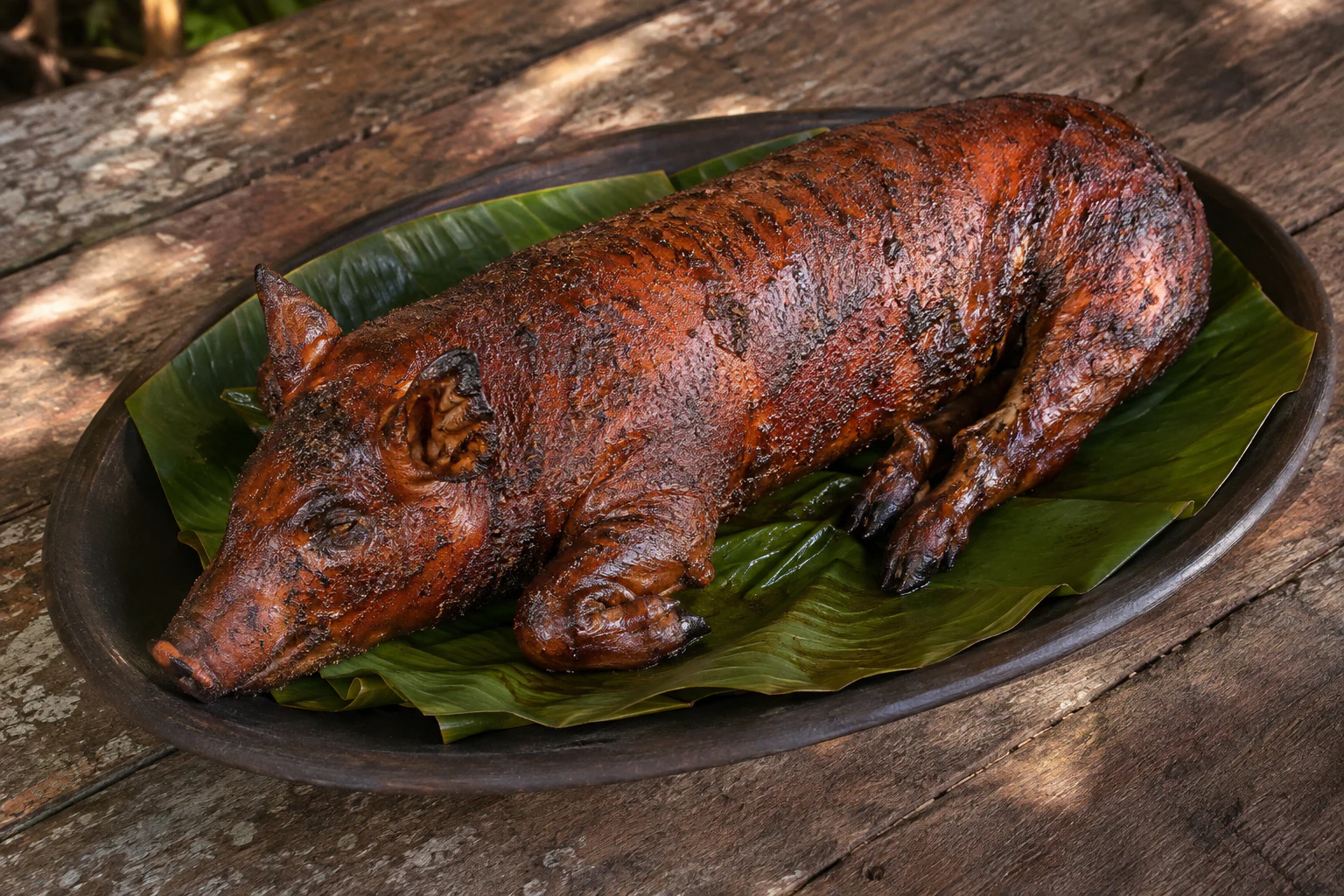 A whole Jamaican-style roast suckling pig on banana leaves