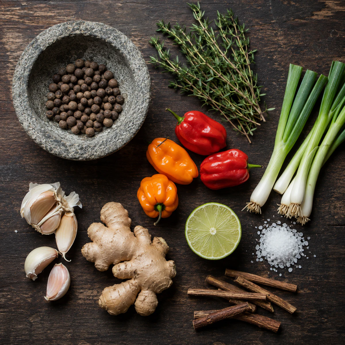 Allspice, thyme, scallions, Scotch bonnet, garlic, ginger and lime on wood