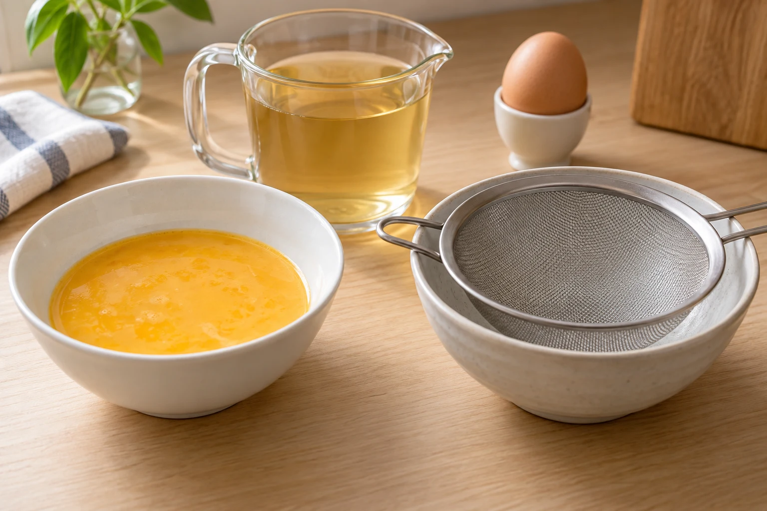 Dashi in a glass jug, gently mixed egg and a fine mesh strainer