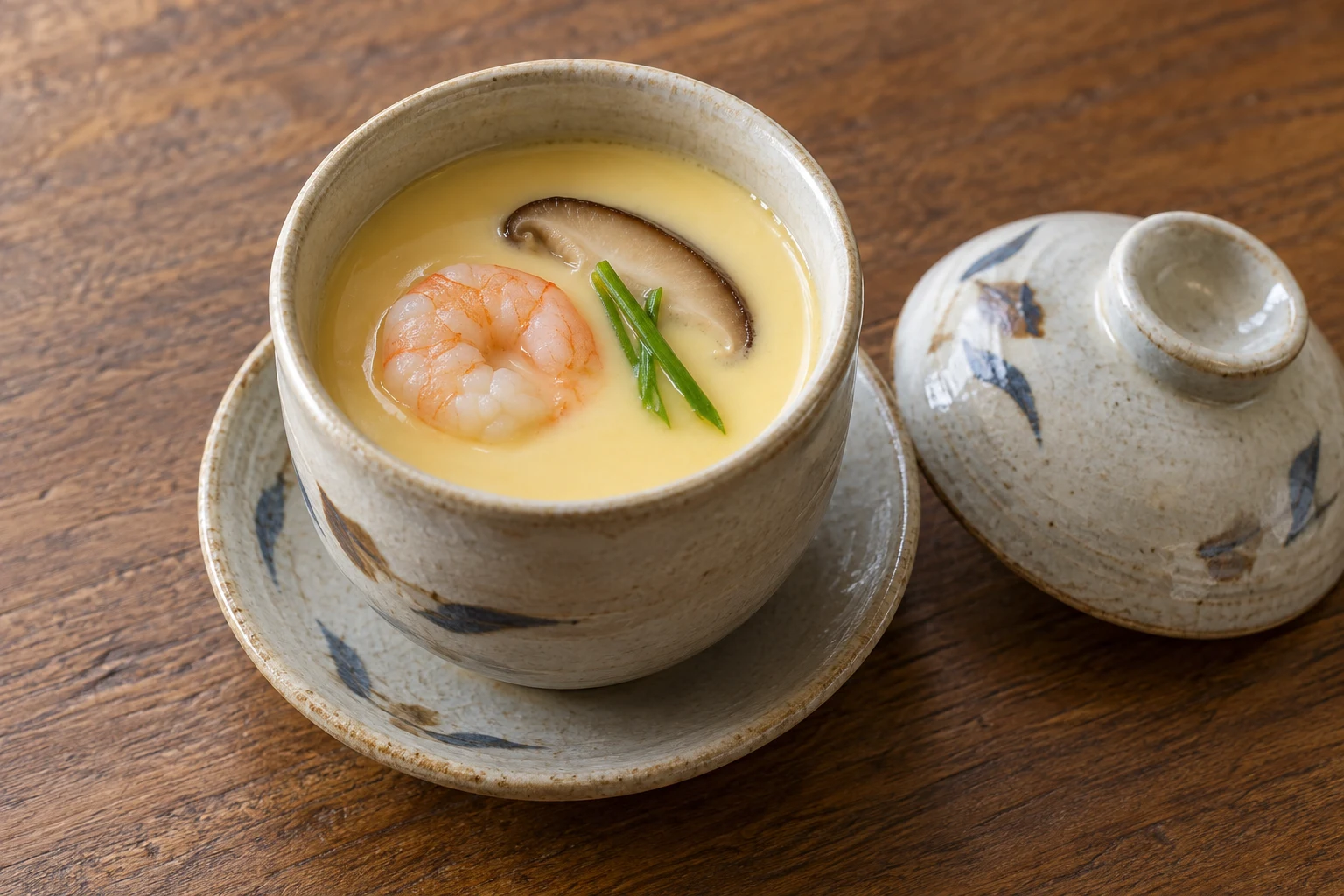 Japanese steamed egg custard with shrimp, shiitake and fine scallion strips