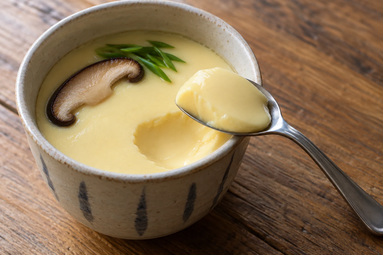 A spoonful of smooth chawanmushi beside a small recess in the custard