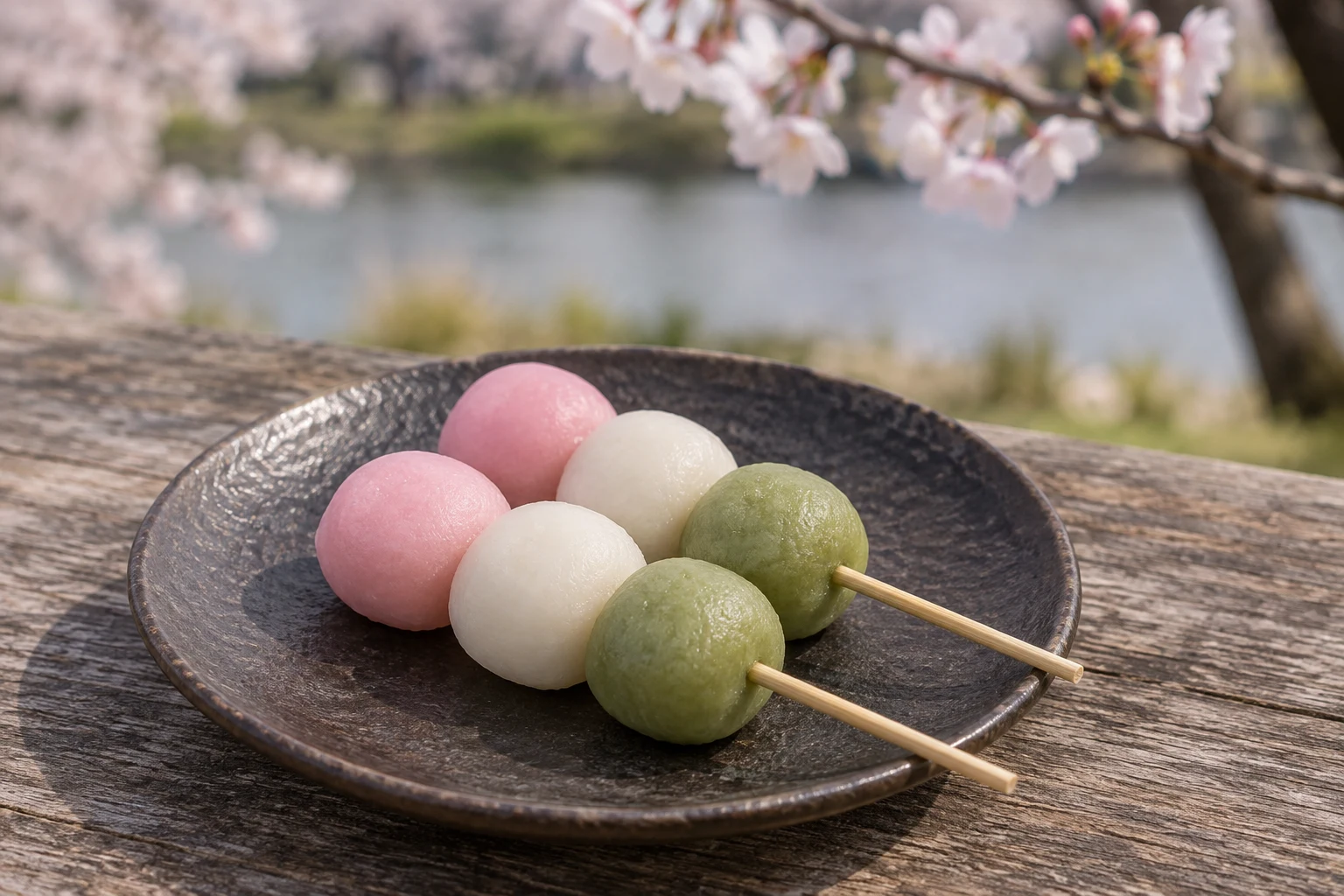Two skewers of unglazed pastel pink, white and light green dango on a dark plate