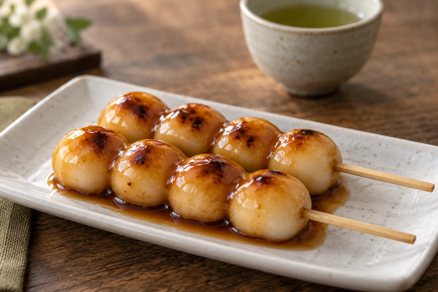 Two bamboo skewers each carrying four white rice dumplings coated with glossy amber-brown sweet soy glaze
