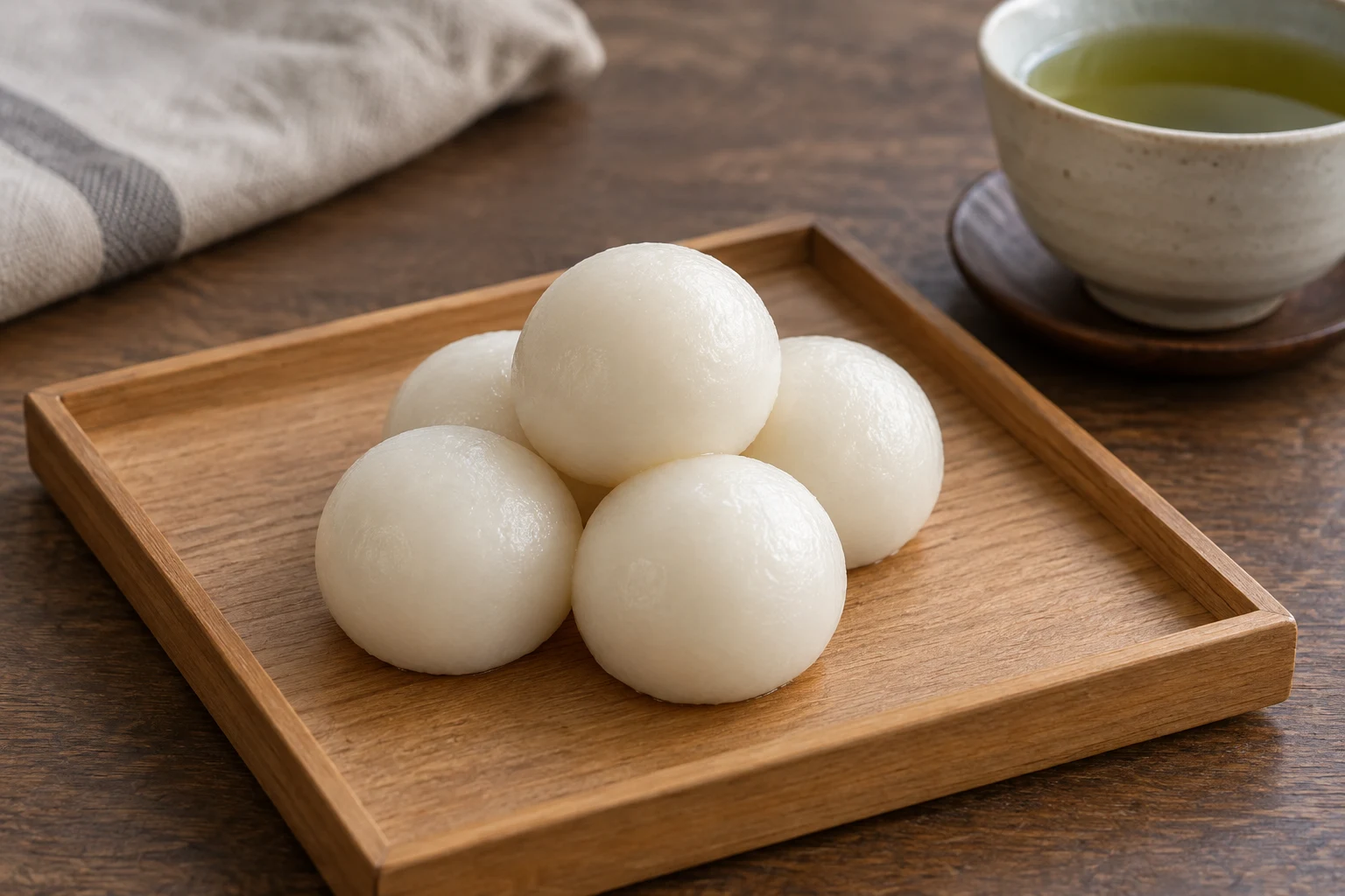 Small mound of plain round white rice dumplings on a wooden tray with green tea nearby