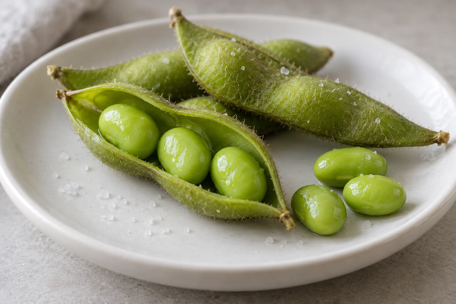 An opened cooked edamame pod showing three green soybeans on a white plate