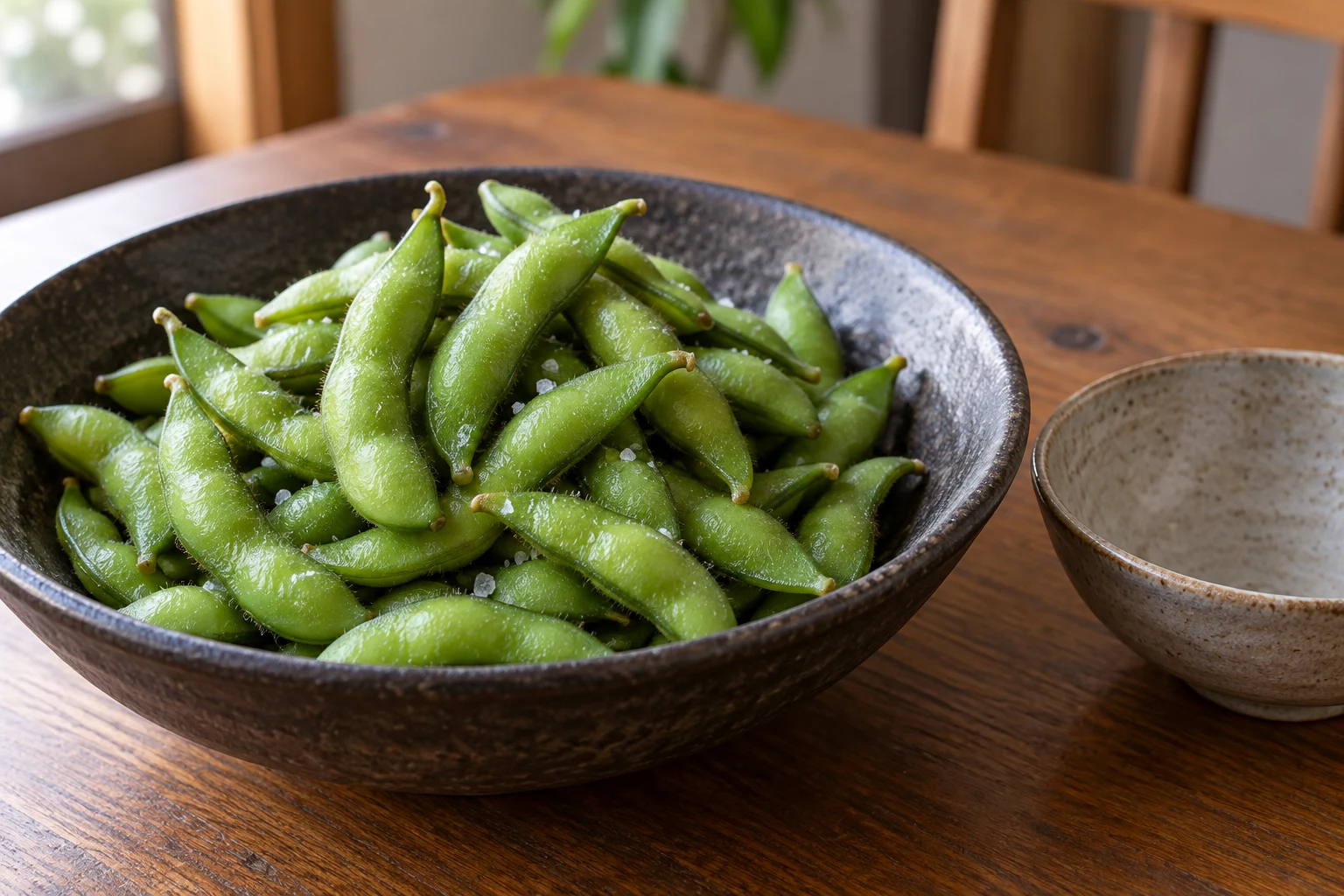A bowl of salted green edamame pods beside an empty bowl for their shells