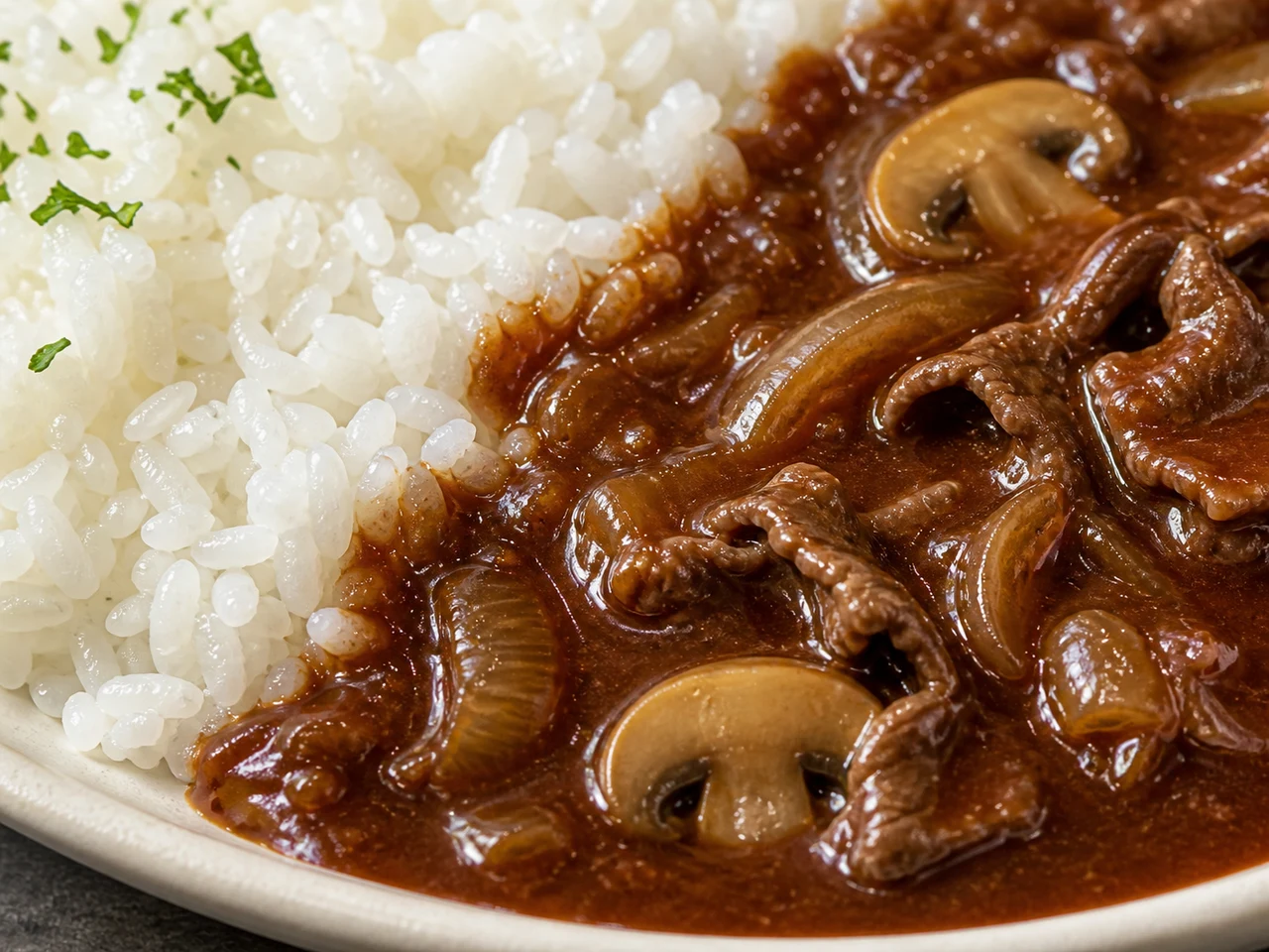 Close view of glossy hayashi sauce meeting distinct grains of steamed white rice