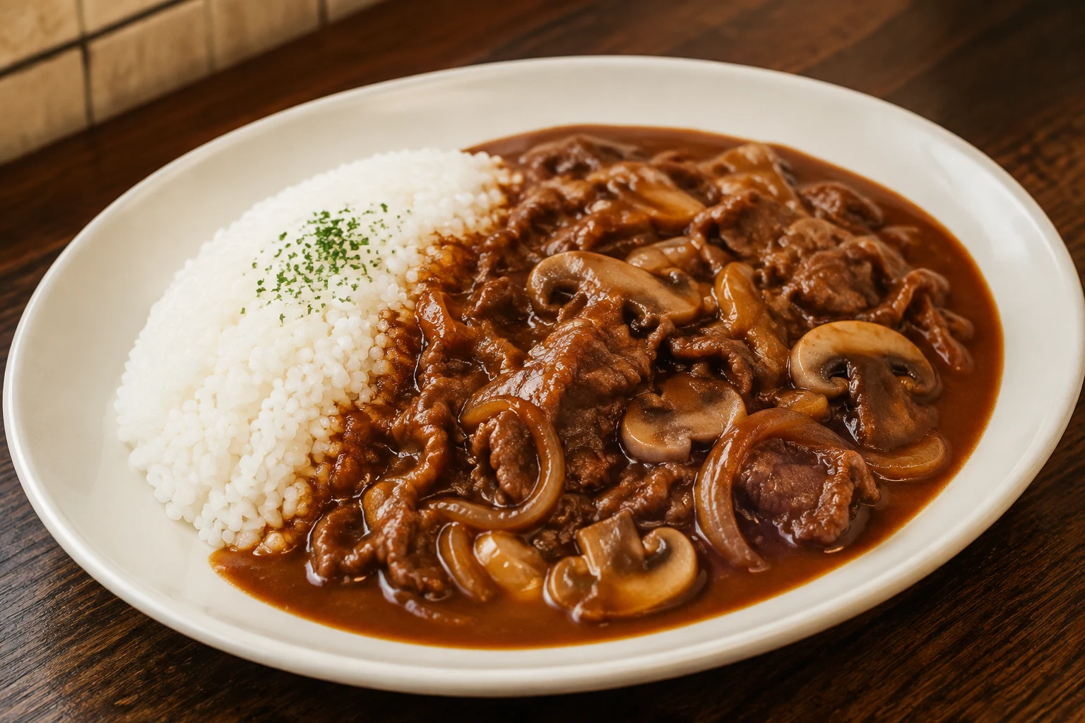 Japanese hayashi rice with thin beef, onions, and mushrooms in brown sauce beside white rice