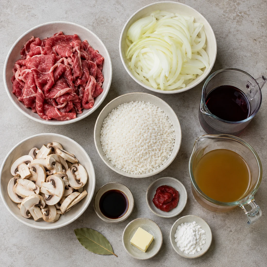 Thin beef, sliced onions, mushrooms, rice, wine, stock, tomato paste, soy sauce, butter, flour, and bay leaf