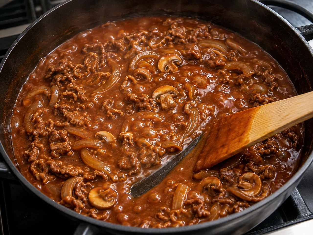 Hayashi rice sauce gently simmering with thin beef, onion ribbons, and mushroom slices