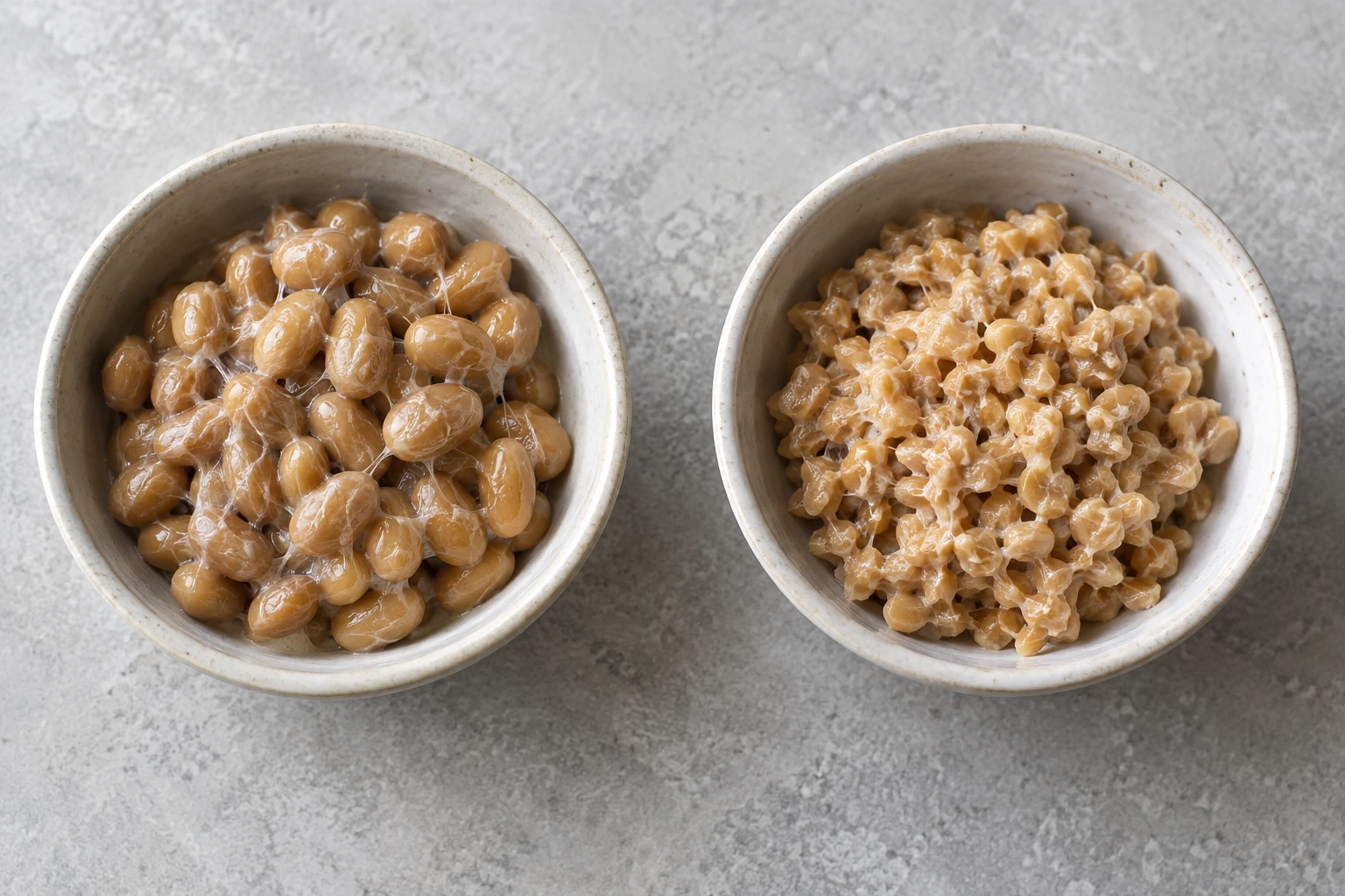 Two bowls show whole sticky natto beans on the left and smaller split bean pieces on the right