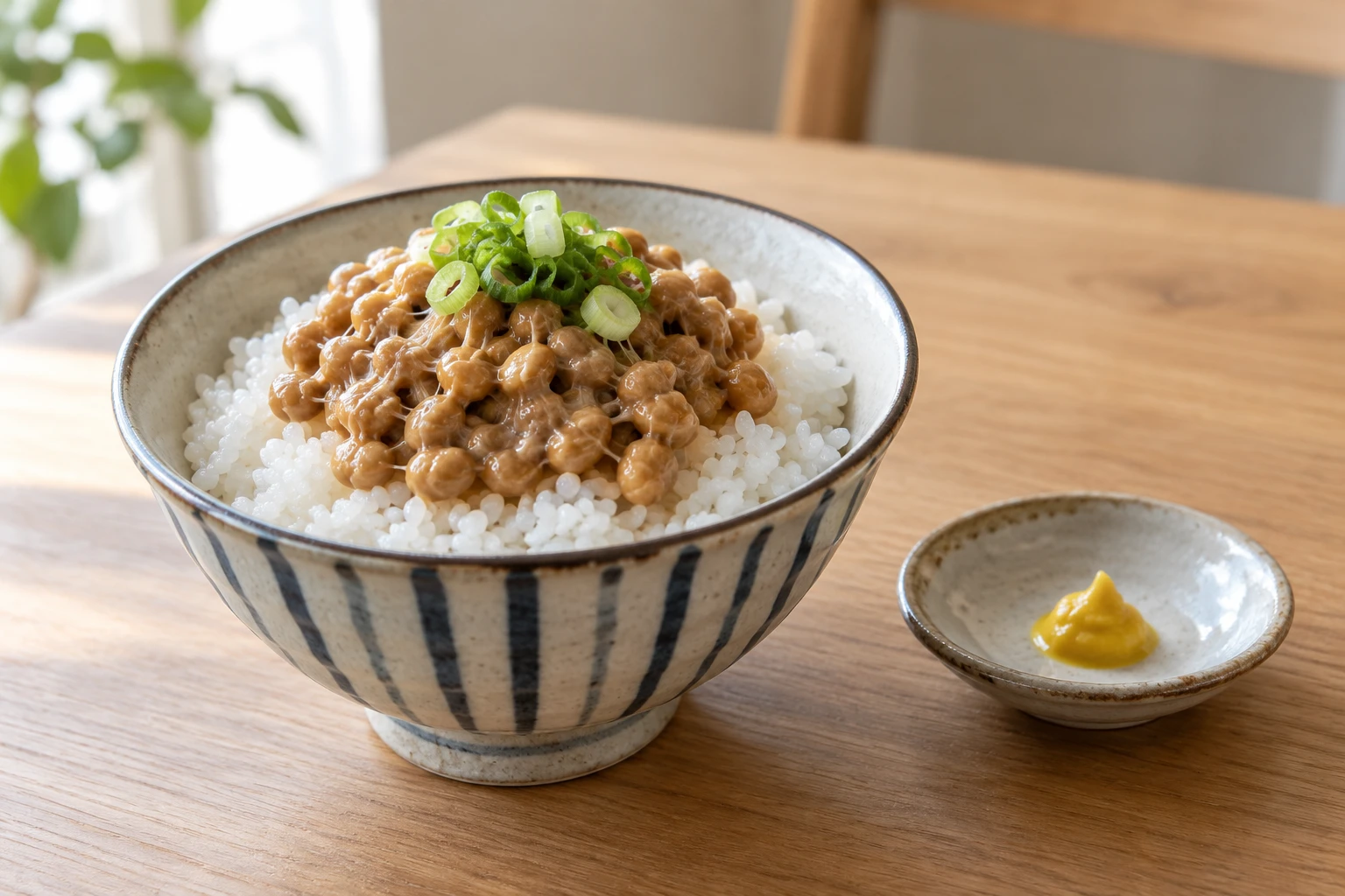 Whole-bean natto with scallions on steamed white rice beside a small dish of yellow mustard