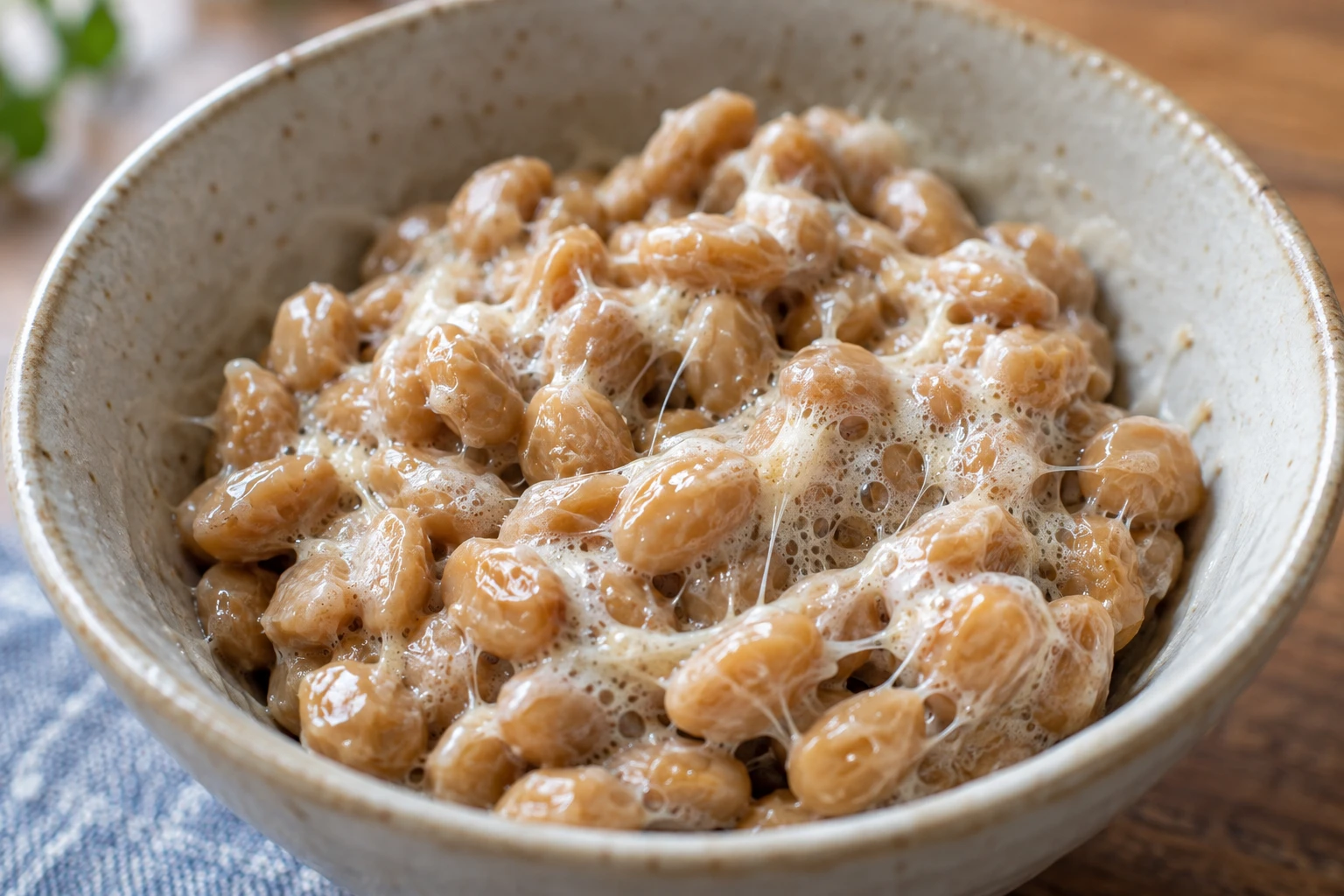 Close view of stirred natto with tan beans, fine sticky threads and a lightly bubbly pale coating