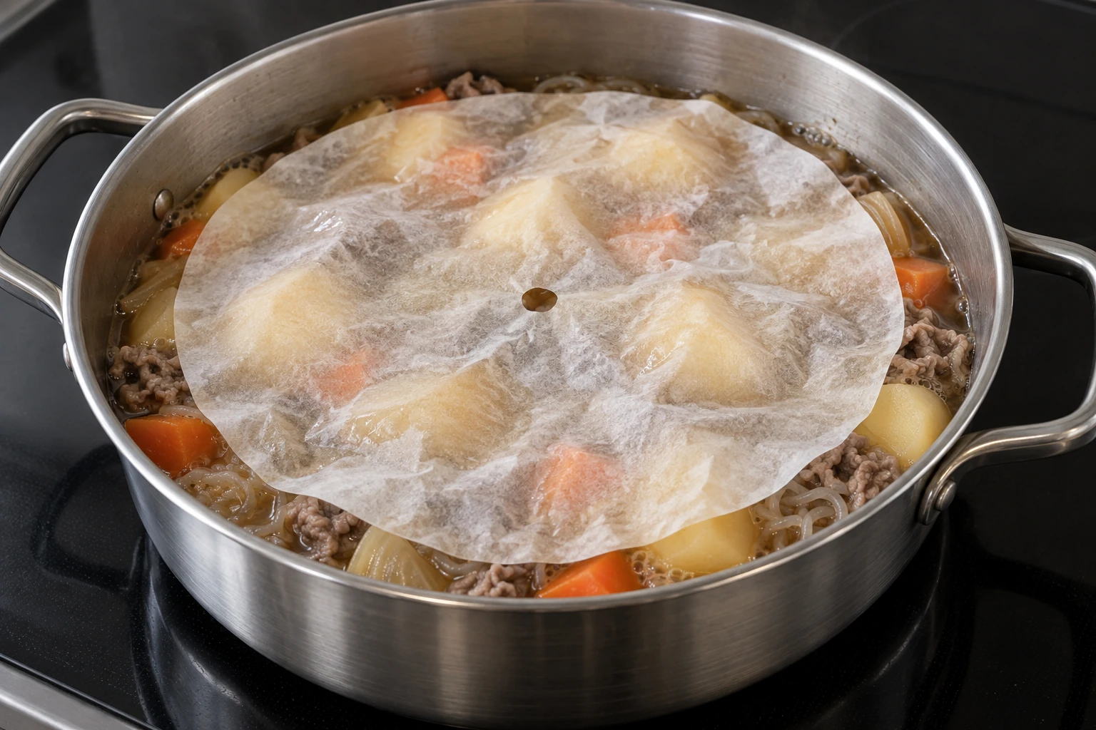 A vented parchment circle resting directly on simmering nikujaga inside a wide pan