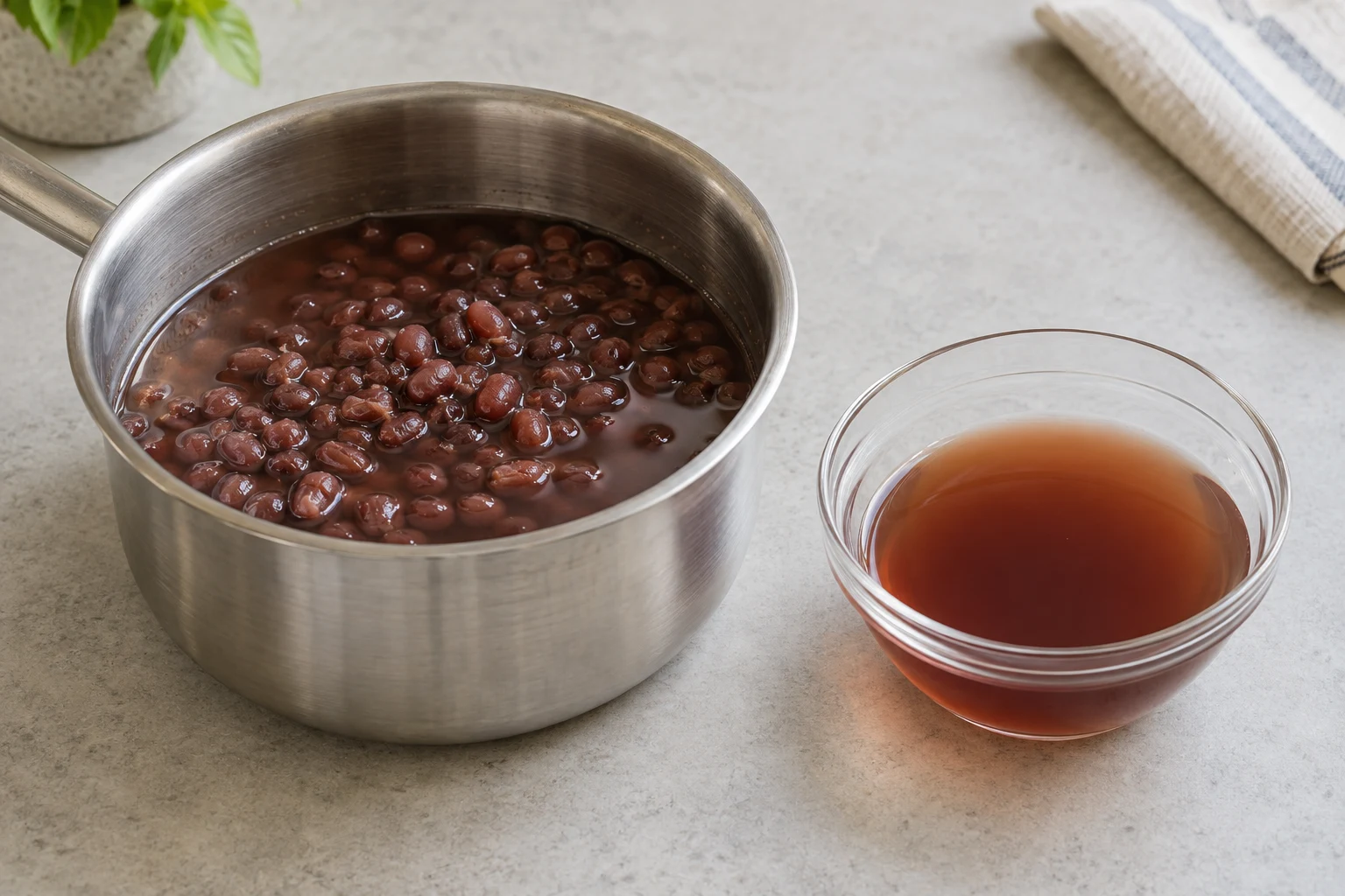 Small cooked azuki beans in reddish cooking liquid beside a glass bowl of reserved liquid