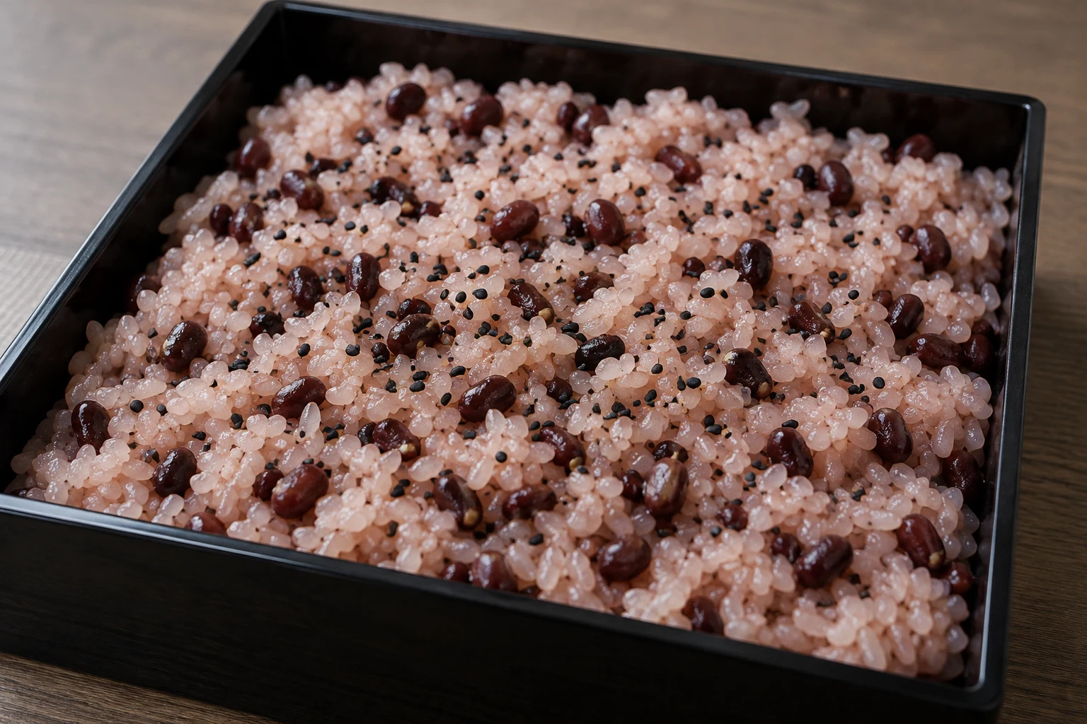 Close view of glossy pink sticky-rice grains, azuki beans and black sesame in an open lacquer box