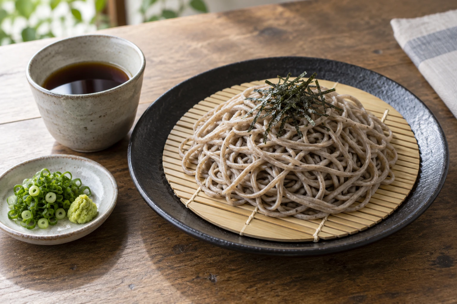Grey-brown soba topped with nori on a bamboo mat, beside a dipping cup and condiments