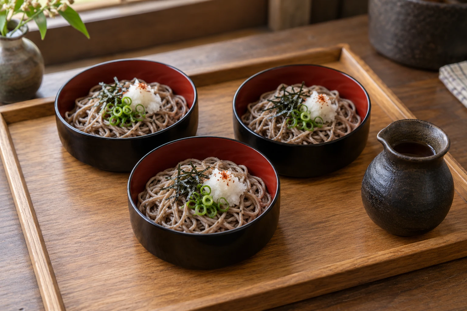Three small lacquered bowls of soba with nori, scallion and grated daikon beside a sauce jug
