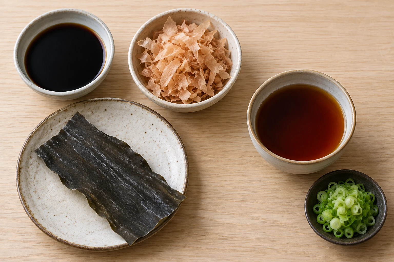 Separate bowls of soy sauce, dried bonito flakes and prepared dipping sauce beside dried kombu and scallions