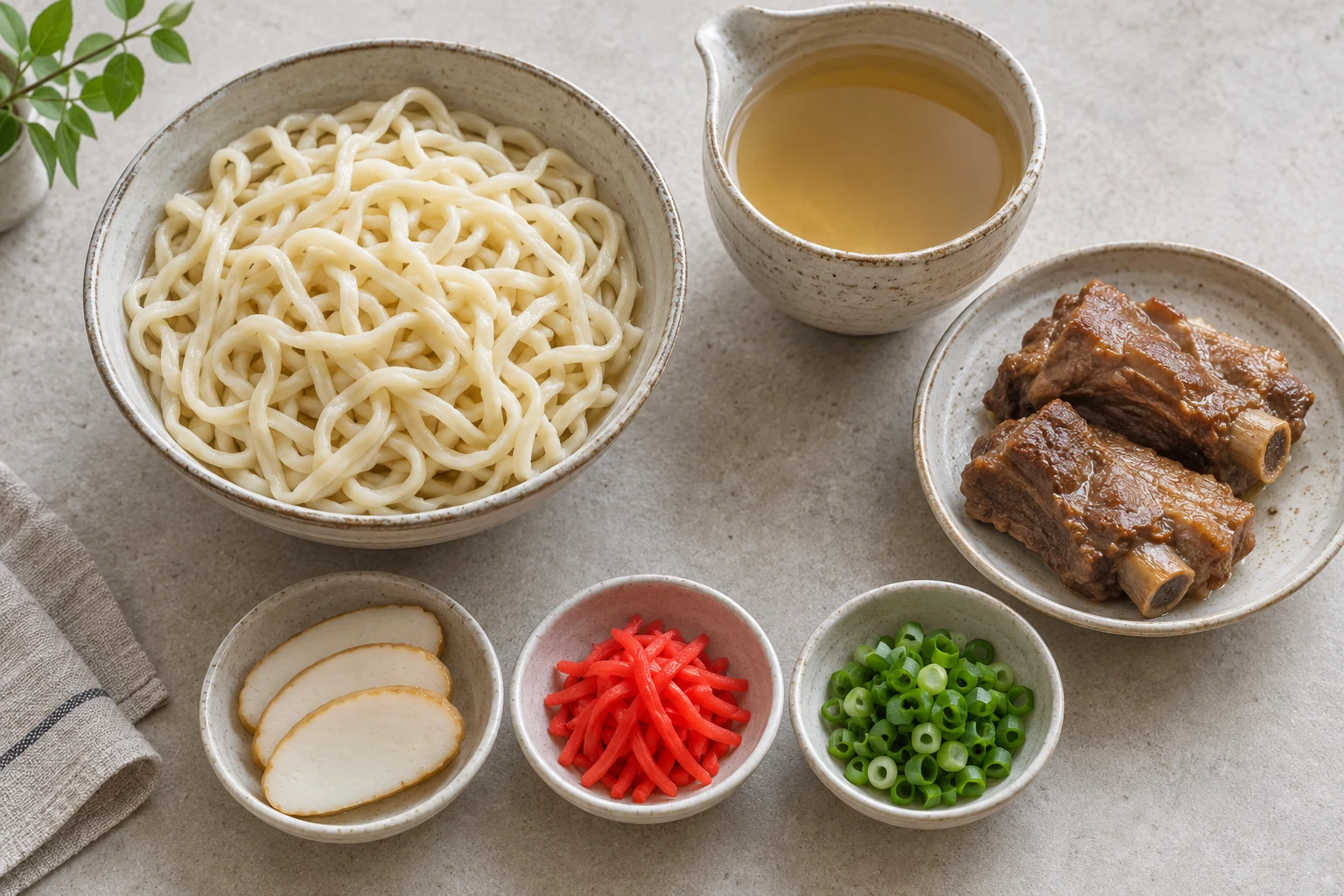 Separate noodles, clear broth, braised ribs, fish cake, scallions and pickled ginger for assembly