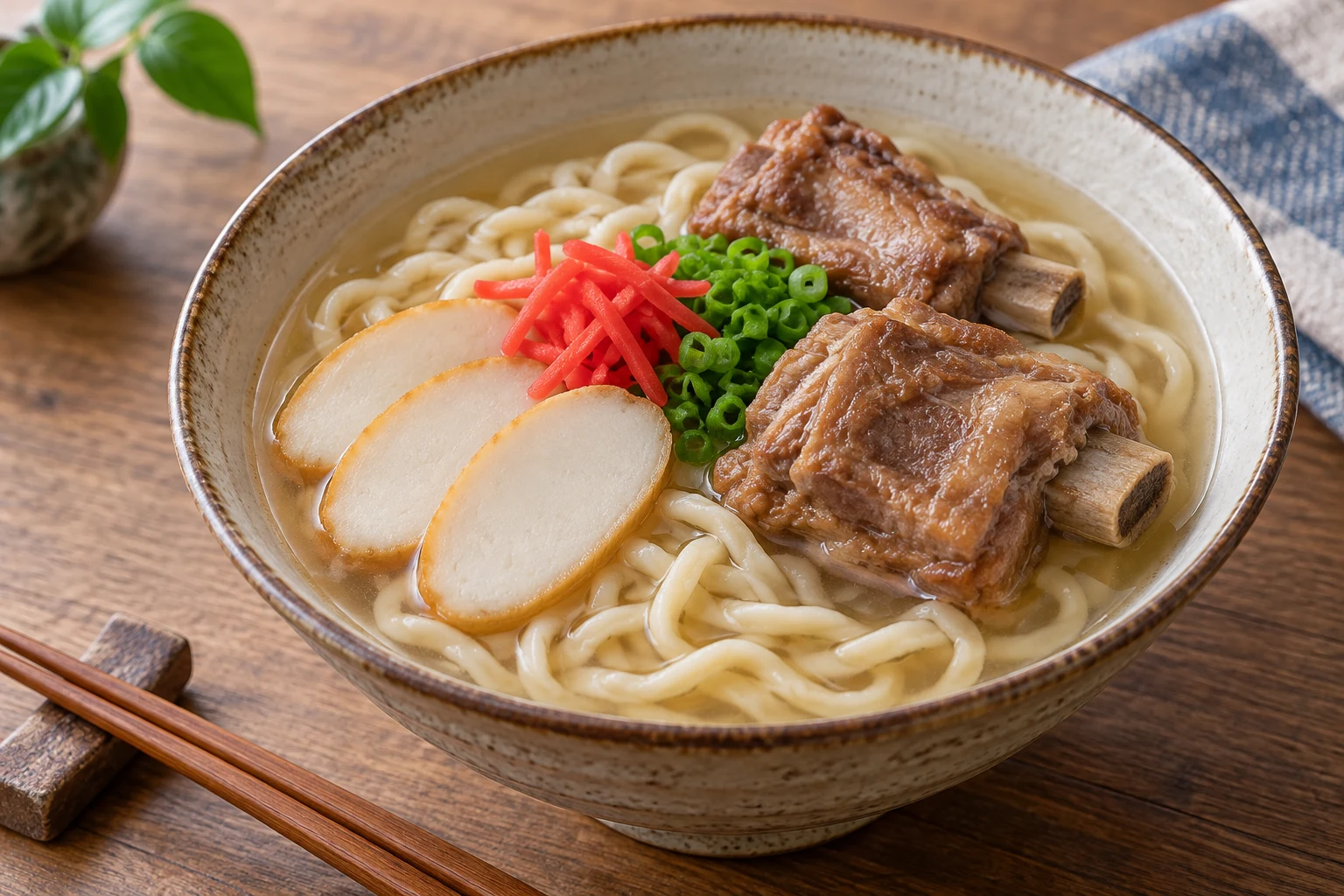 Soki soba with meaty pork ribs, wheat noodles, fish cake, scallions and red ginger in clear broth