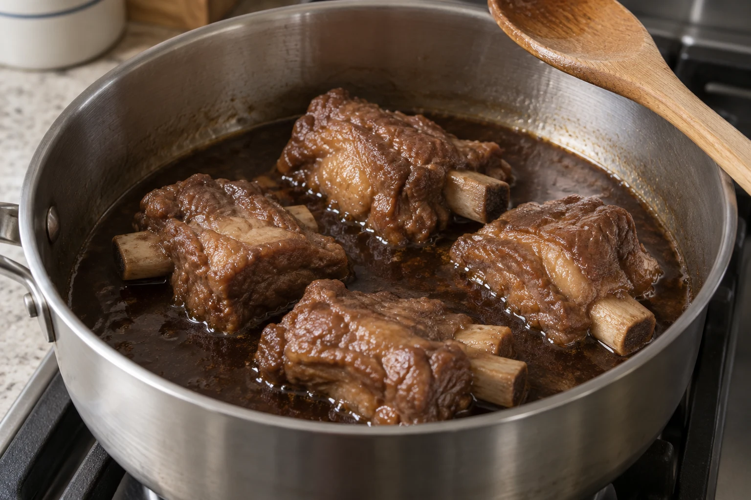 Meaty pork spare rib pieces braising in a shallow brown sauce