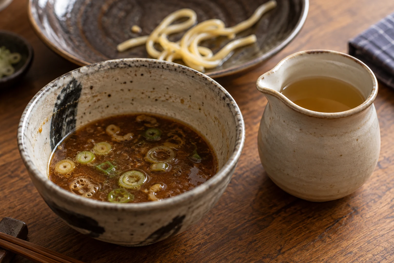 A small bowl of remaining brown dipping broth beside a ceramic pitcher of clear golden stock and a mostly empty noodle plate