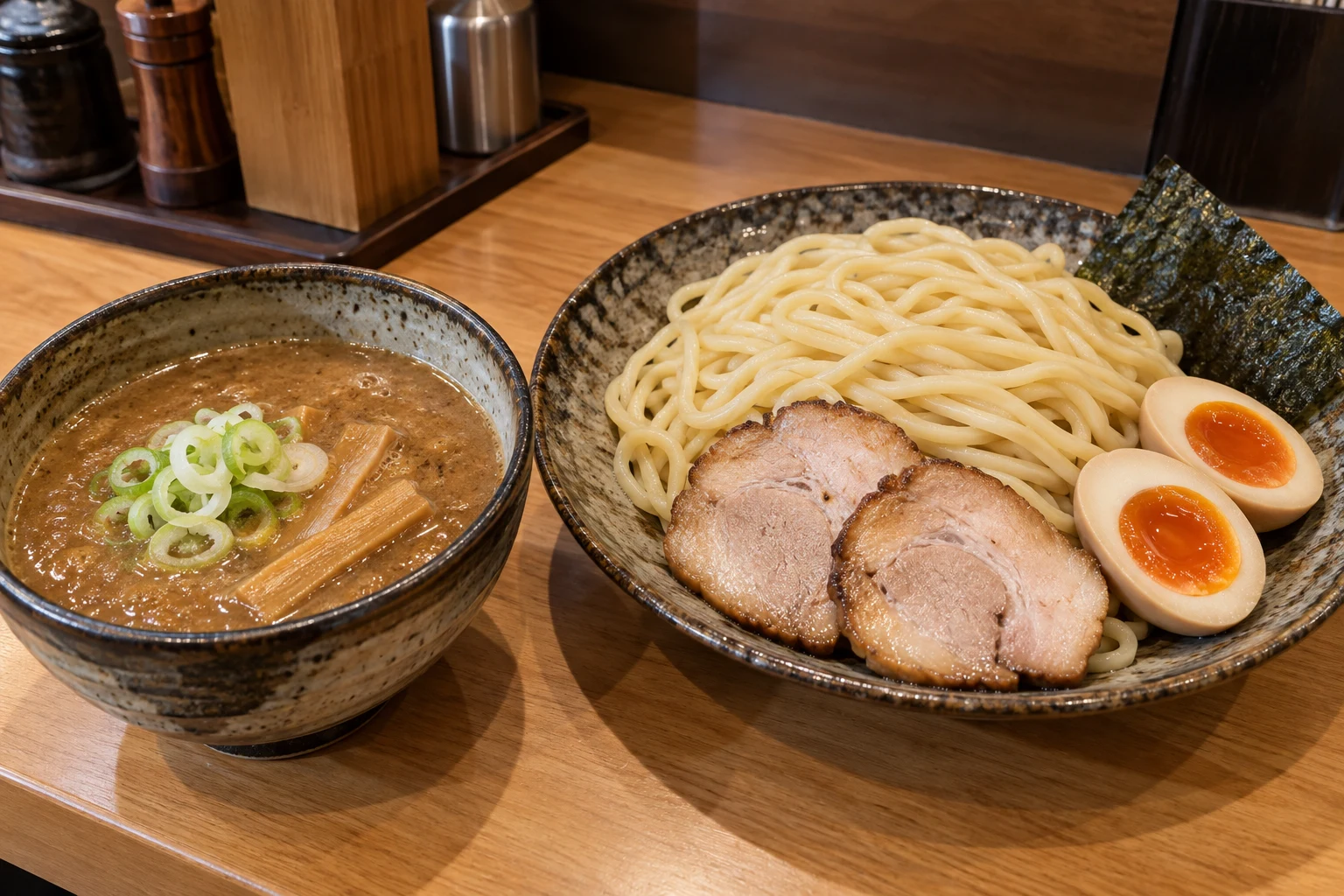 Thick ramen noodles, chashu, egg halves and nori on a plate beside a separate smaller bowl of brown dipping broth