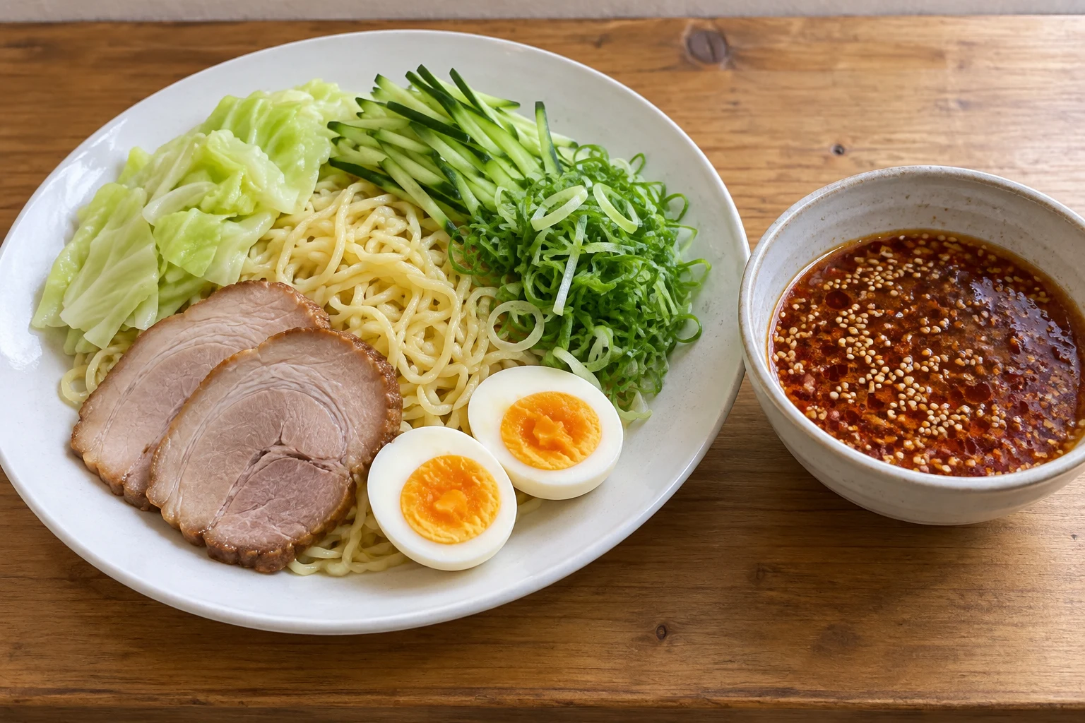 Cold noodles with cabbage, cucumber, scallion, pork and egg beside reddish dipping sauce with sesame seeds and chilli oil