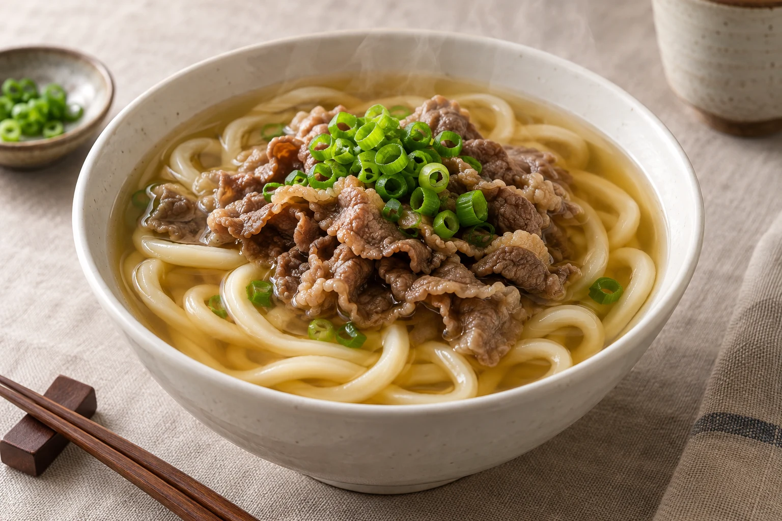 Thick udon in clear amber soup topped with thin cooked beef slices and scallions