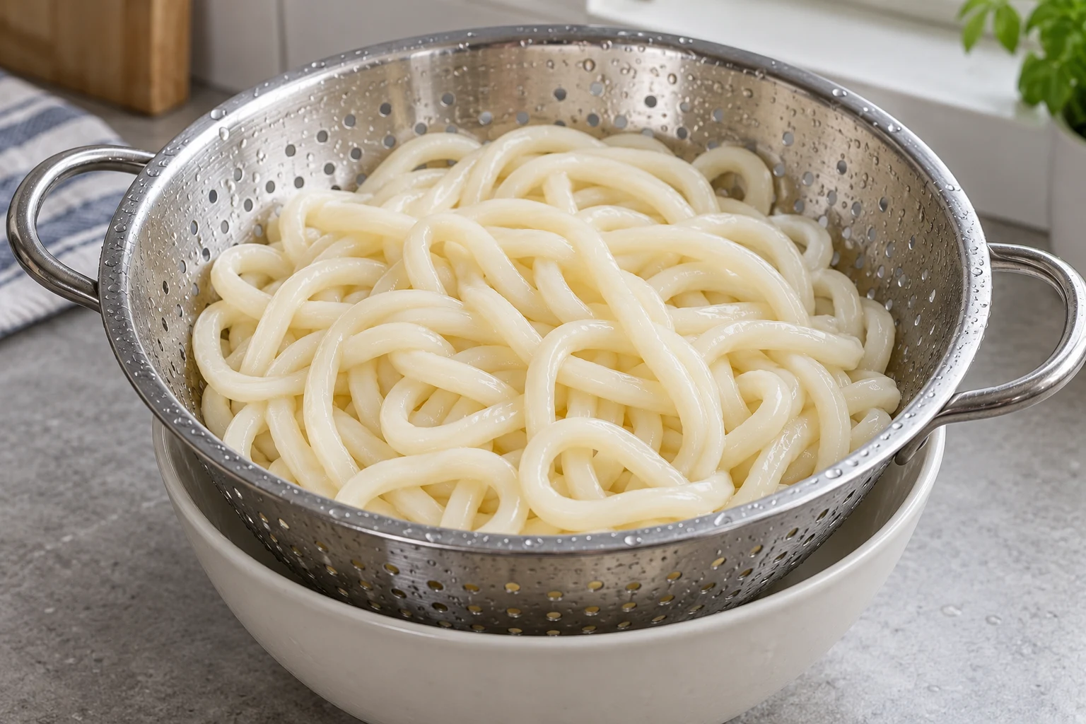 Glossy thick ivory udon noodles draining in a metal colander over a bowl
