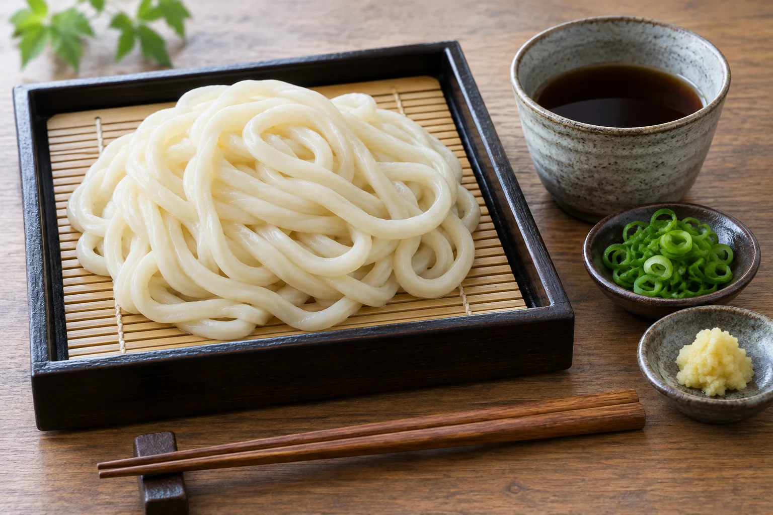 Thick chilled udon on a bamboo mat with a separate cup of dipping sauce and condiments