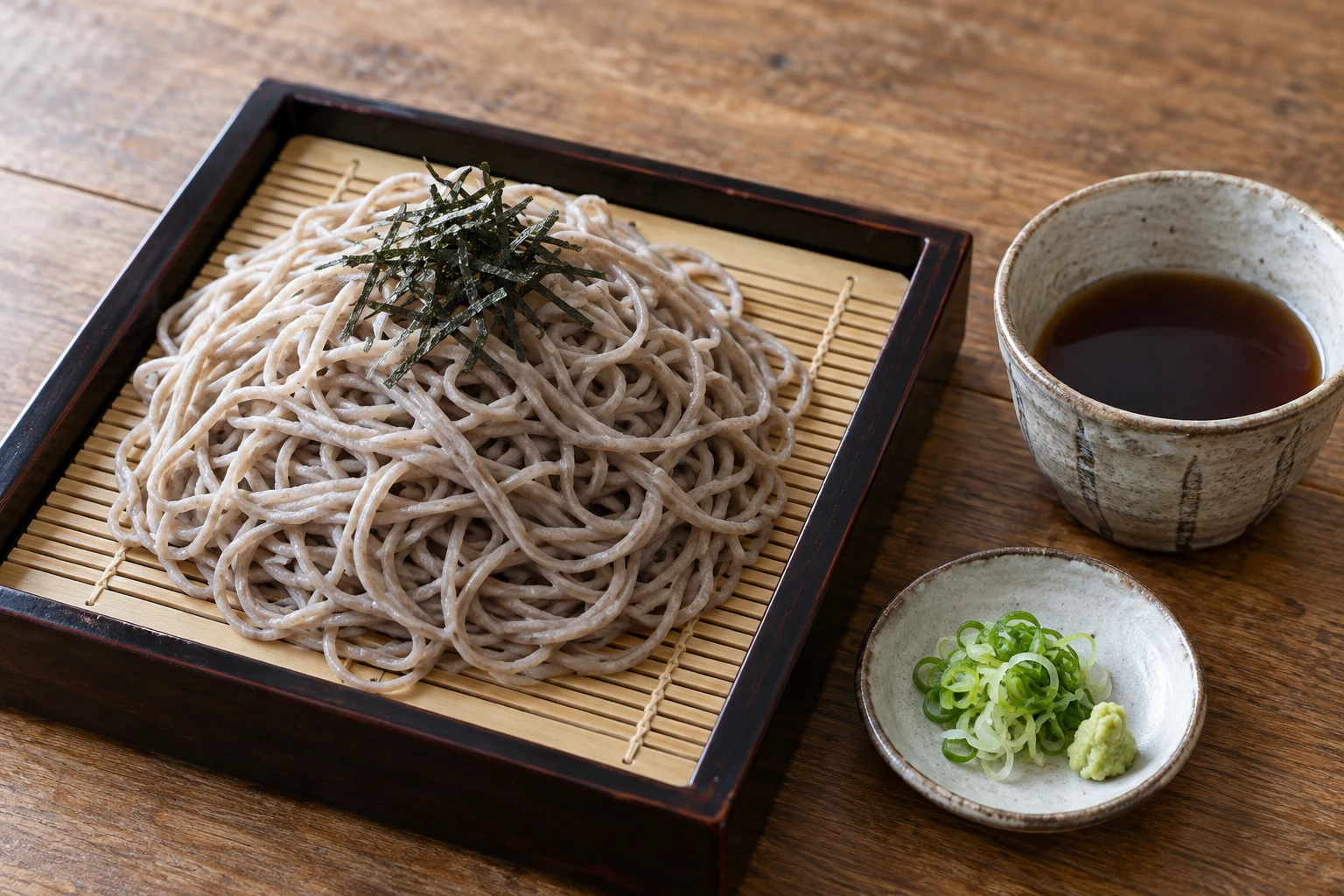 Cold soba on a bamboo mat with nori and a separate cup of dipping sauce