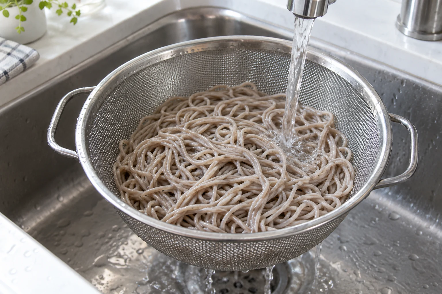 Cooked grey beige soba noodles rinsed in a mesh colander over a sink