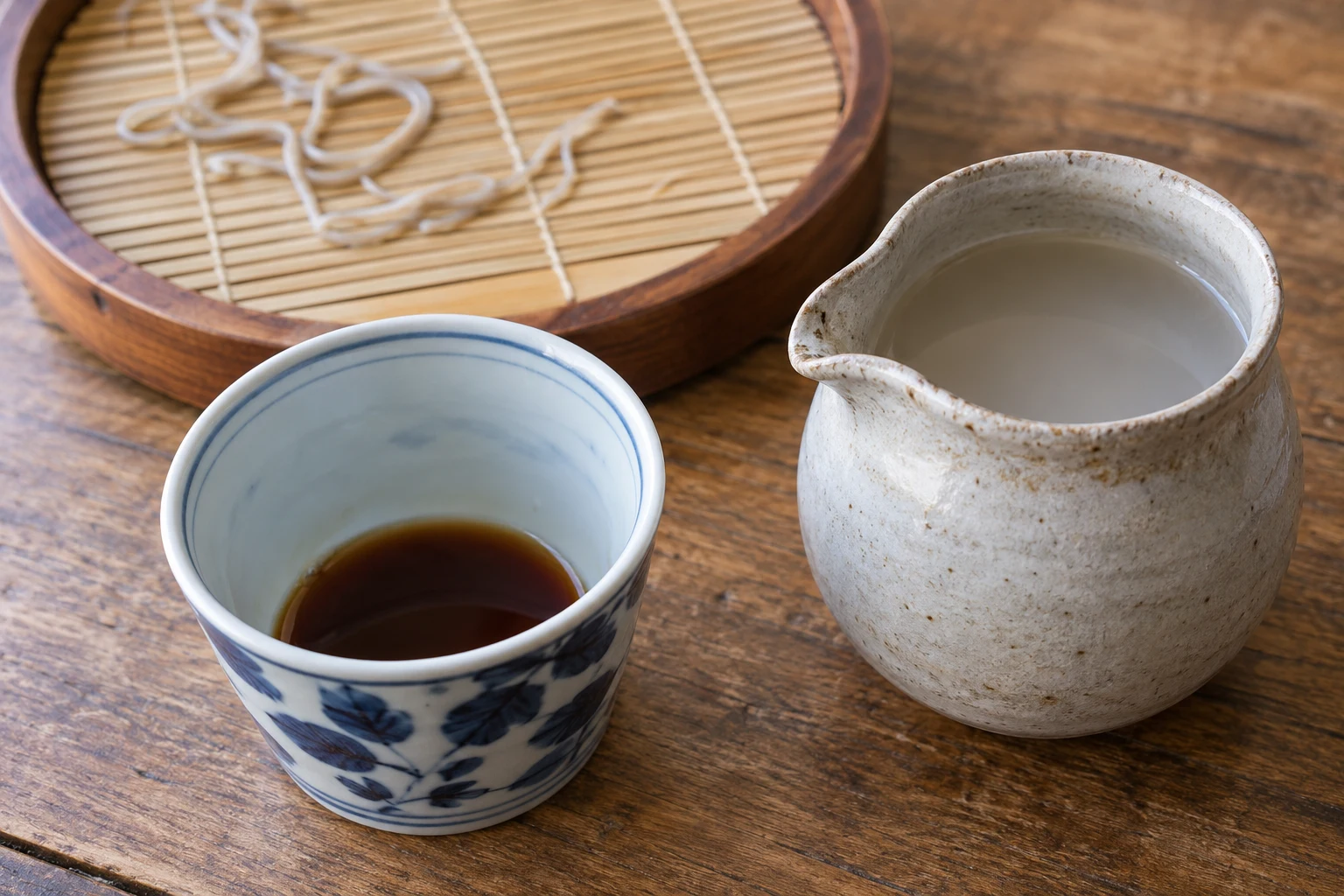 A small cup of remaining tsuyu beside a jug of cloudy soba cooking water