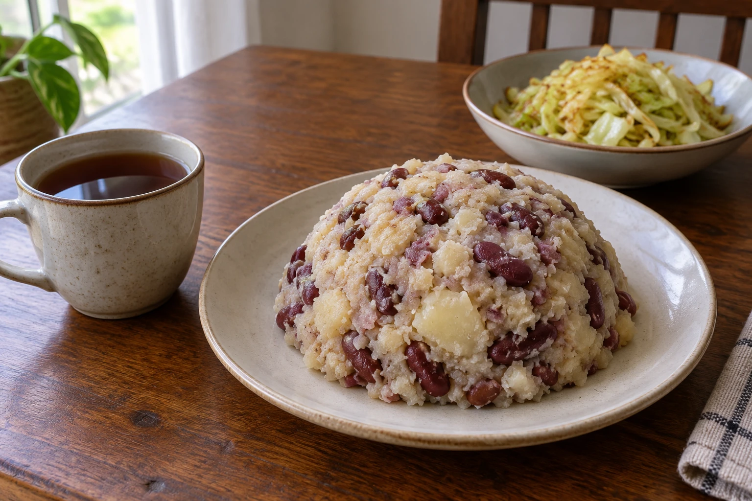 A dome of pale sweet potato and kidney bean mash beside black tea and cooked cabbage