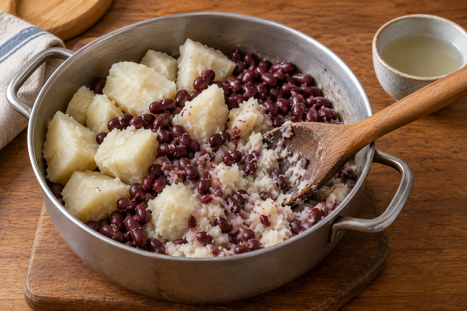 Cooked white sweet potato chunks and cooked red beans being combined with a wooden spoon